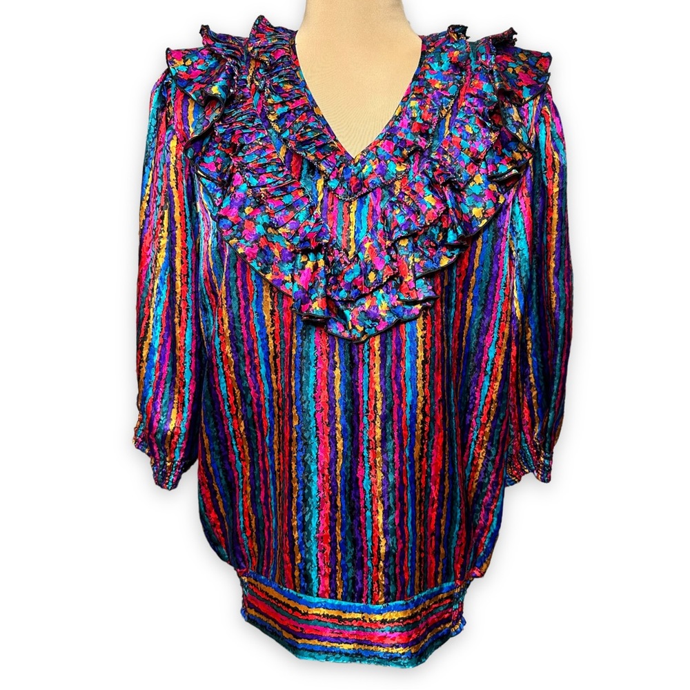 Vintage Howard Wolf Blouse Ruffle Pleated Neckline Bold Stripes Size Medium